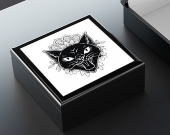 Boîte à bijoux chat noir, décoration d'intérieur sorcière, boîte de rangement gothique, boîte souvenir, couvercle à charnière de boîte à bijoux en bois sombre