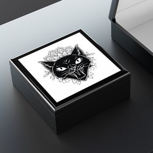 Black Cat Jewelry Box | Witchy Home Decor | Gothic Storage box | Keepsake Box | Mandala Ebony Black Finish | Wooden Trinket Box Hinged Lid