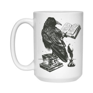 Raven Crow Reading Book 15 oz. White Ceramic Mug | Large Coffee Mug | Magic Witch's Brew Cup | Gothic Coffee Mug | Witch Coffee Mug