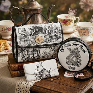 Alice In Wonderland Handbag Gift Set, Book Illustration Top Handle Purse, Canvas Satchel Bag, Faux Leather Matching Pocketbook and Wallet