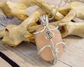 Rose Quartz Pendant | Skeleton Key Necklace | Key To Her Heart | Crystal Necklace | Gift For Her | Healing Crystals | Witchy Jewelry | Reiki