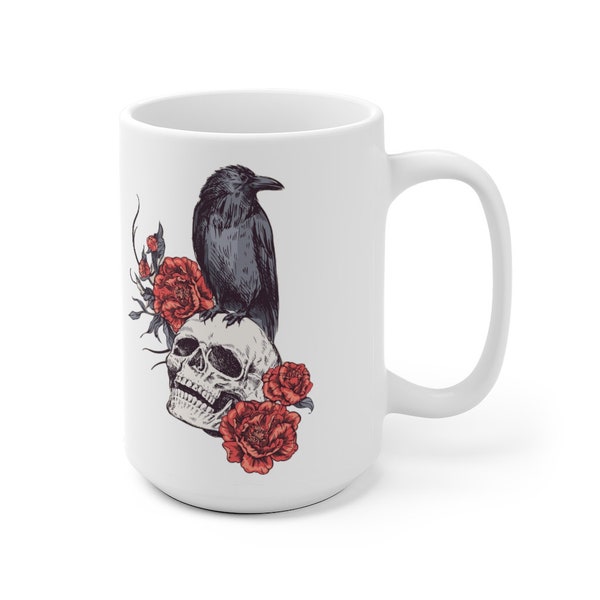 Raven Crow Sitting on Skull Large Gothic Coffee Mug | Ceramic 15 Ounce Cup | Gift For Coffee Lovers | Witchy Home Decor | Witch Coffee Mug