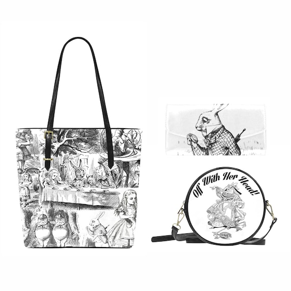 Alice in Wonderland Tote Bag Set | Original Book Illustrations Pocketbook | Bookish Fashion Gifts | PU Leather Purse | Round Shopping Wallet