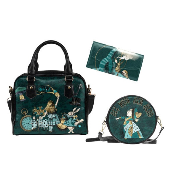 Alice in Wonderland Pocketbook and Wallet in Turquoise, Matching Handbag Purse and Wallet Set, Vegan Leather Satchel, Fun Round Shoulder Bag