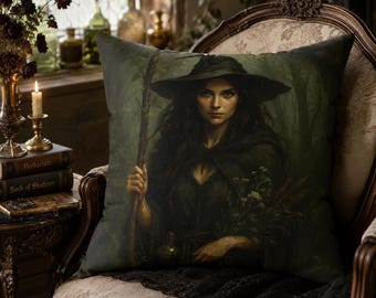 Luxury Gothic Throw Pillow Forest Witch Art, Dark Fantasy Faux Suede Pillow, Spooky Halloween Couch Decor, Witchy Home Bedroom Accent Gift