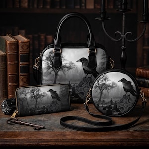 Puede incluir: Un bolso de mano negro, una cartera rectangular y un bolso bandolera redondo, cada uno con un estampado monocromático de un cuervo sobre una cruz de piedra en un cementerio brumoso, con asas negras y herrajes dorados.