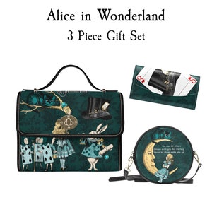 Custom Teal Turquoise Alice and Wonderland Handbag  | Top Handle Purse | Canvas Leather | Matching Pocketbook and Wallet | Book Lover Gift