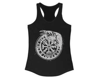 Raven Viking Runes Frauen Ideal Racerback Tank | Viele Farben verfügbar | Wikinger Geschenk | Wikinger Kompass | Krähenmagie | Nordische Mythologie