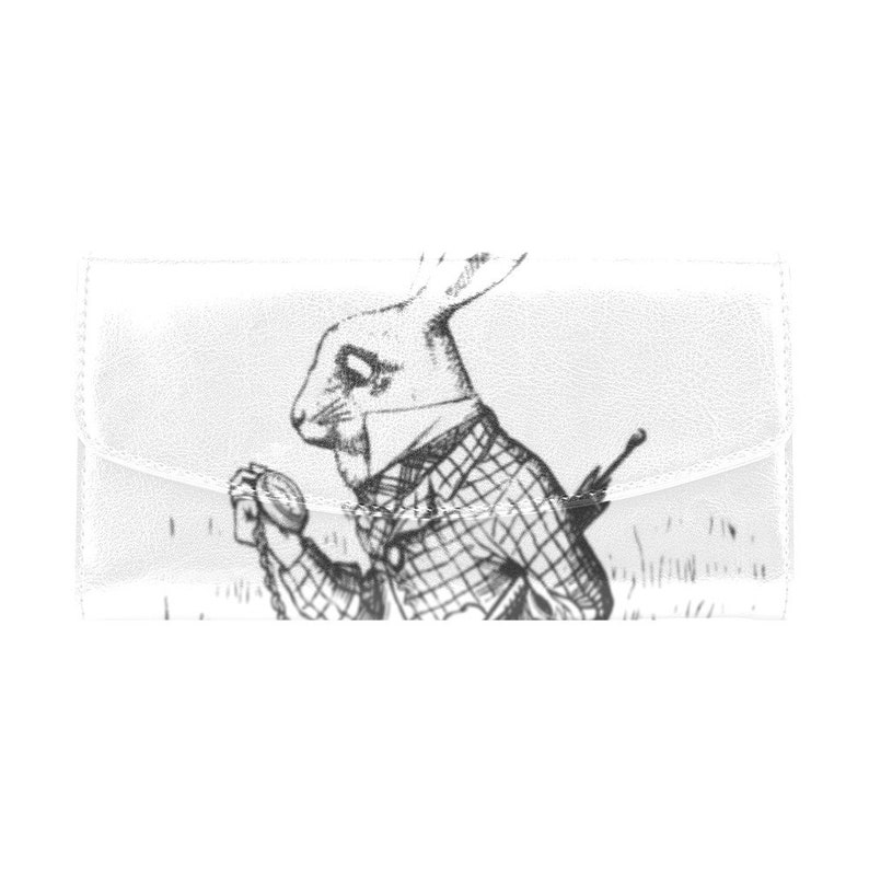 Puede incluir: Una ilustraci&oacute;n en blanco y negro del Conejo Blanco de Alicia en el Pa&iacute;s de las Maravillas sosteniendo un reloj de bolsillo. El conejo lleva un chaleco y tiene un mon&oacute;culo.