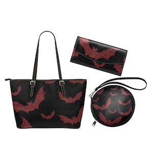 Bolso de mano de piel de murciélago de damasco rojo oscuro / Cartera grande con murciélagos vampiros / Moda de brujas / Monedero y billetera góticos / Set de regalo para chica gótica