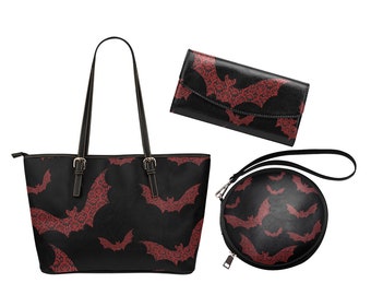 Dark Red Damask Bat Leather Tote Bag | Large Vampire Bats Pocketbook | Witchy Fashion | Gothic Purse and Wallet | Goth Girl Gift Set