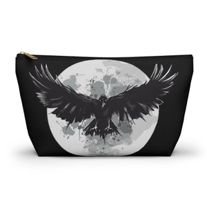 Gothic Full Moon Raven Makeup Accessory Pouch With T-bottom | Goth Girl | Witchy Crow Travel Bag | School Pencil Bag