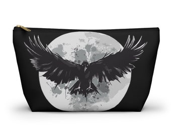 Estuche para accesorios de maquillaje con diseño de cuervo y luna llena gótica con fondo en forma de T / Estuche de viaje con diseño de chica gótica / cuervo brujo / Estuche para lápices escolar