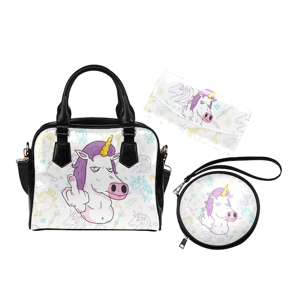 Funny Unicorn Pocketbook | Kawaii Purse and Wallet Set | Rainbow Unicorns Handbag | Cute Fun Adult Gift Set | Shoulder Bag | Wristlet