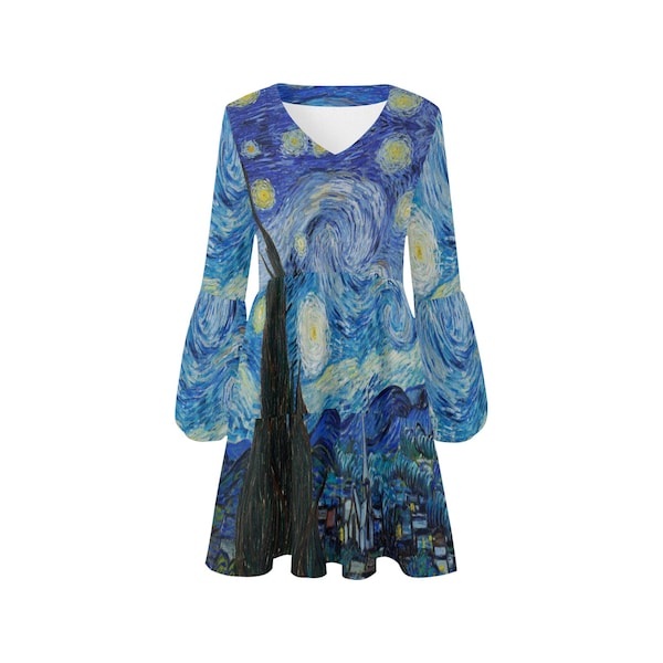 Van Gogh Starry Night Women V Neck Casual Loose Flowy Dress | Artist Gift | Art Inspired Clothing | Boho Style Dress