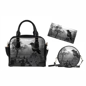 Cartera cruzada gótica con diseño de cuervo negro y escena de cementerio: estilo brujo, perfecta para Halloween o para la bruja de todos los días. Juego de billetera y bolsillo.