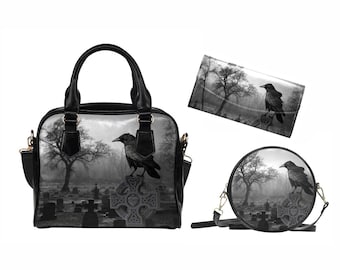Black Raven & Cemetery Scene Gothic Crossbody Purse - Witchy Style | Perfect for Halloween or the Everyday Witch | Pocketbook and Wallet Set