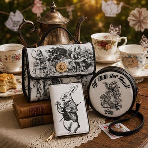 Conjunto de regalo de bolso de Alicia en el País de las Maravillas, bolso con asa superior con ilustración del libro, bolso de lona, cartera y monedero a juego de piel sintética.