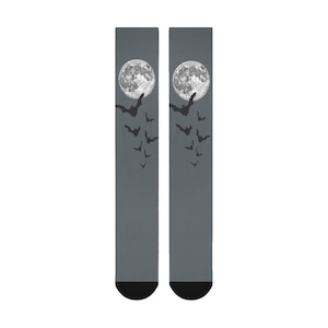 Full Moon Grey Bats Adult Socks | Fun Crew Sock | Halloween Lover Gift | Spooky Season | Haunted Clothing | Gothic Accessories | Knee High