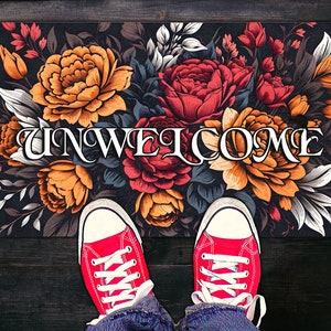 Unwelcome Gothic Doormat, Dark Floral Rubber Mat, Witchy Home Decor Rug, Anti Welcome Mat for Entryway Kitchen Pet Bowls, Black Floral Gift