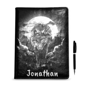 Personalized Wolf Notebook, Faux Leather Refillable Journal, Gothic Forest Aesthetic Gift, Custom Werewolf Stationery, Dark Fantasy Journal