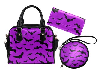 Purple Bats Purse and Wallet Set | Witchy Pocketbook | Goth Girl Handbag | Spooky Witch Shoulder Bag | Bat Lovers Gift Set | Halloween Bag