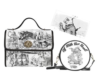 Alice In Wonderland Handbag Gift Set, Book Illustration Top Handle Purse, Canvas Satchel Bag, Faux Leather Matching Pocketbook and Wallet