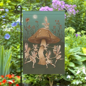 Dancing Fairies Welcome Garden Flag | Dark Cottagecore Yard Decor | Fairy Circle | Mushroom and Moonlight | Wild Flowers | Garden Party Gift