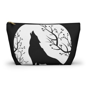 Pochette d'accessoires de maquillage Loup hurlant avec fond en T | Pleine lune | Trousse de toilette de voyage Witchy | Sorcellerie | Trousse d'écolier