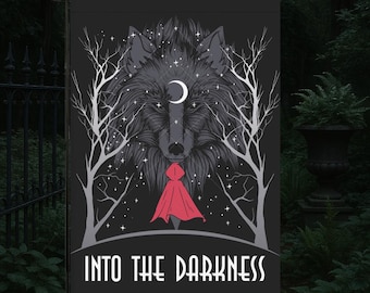 Gothic Garden Flag, Into The Darkness Wolf Banner, Spooky Outdoor Decor, Dark Fairy Tale Aesthetic, Halloween Yard Flag, Witchy Forest Style