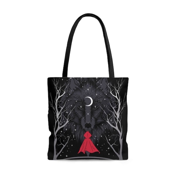 Red Riding Hood Black Canvas Tote Bag | Large Reusable Shopping Bag | Trendy School Book Bag | Laptop Totebag