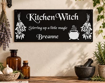 Kitchen Witch Wooden Sign Stirring Up a Little Magic, Witchy Home Decor, Gothic Cottagecore Herbalist Gift, Halloween Kitchen Cauldron Sign
