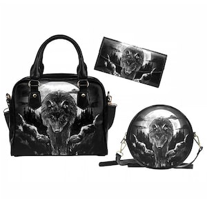 Full Moon Wolf Taschenbuch und passendes Portemonnaie | Gothic Geldbörse Wallet Set | Schwarze Kunstleder Umhängetasche | Hexe Handtasche | Umhängetasche