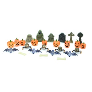 Department 56 Head Stones | Snow Village Accessories | Halloween Decoration | Spooky Season Decor | Cemetery Graveyard | Pumpkins bat spider