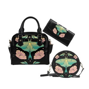 Mystical Luna Moth Matching Pocketbook and Wallet | Cottagecore Purse Wallet Set | Vegan Leather Wallet | Witch Handbag | Shoulder Bag