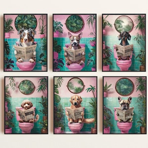 Letreros divertidos para baño de perros, letrero para baño, letrero para inodoro, póster divertido de animales, arte de pared divertido para baño, regalo para padres de perros, decoración de dopamina, juego de 6