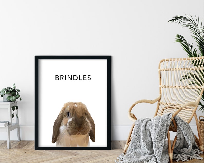 Op de afbeelding: Een zwart ingelijst afdruk met een witte achtergrond en het woord "BRINDLES" in zwarte tekst. Een bruin en wit konijn met hangoren is gecentreerd op de afdruk.