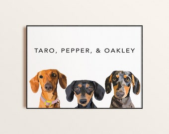 Ritratto personalizzato di un animale domestico, grafica vettoriale con tre animali, regalo per gli amanti dei cani