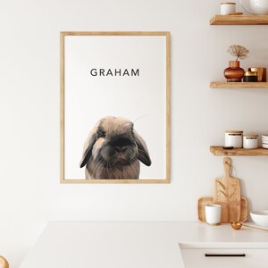 Op de afbeelding: Een ingelijst afdruk met een bruin konijn met hangoren en de naam "GRAHAM" gedrukt in zwarte tekst.