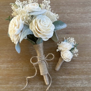 Wedding Bouquet, Bridal Bouquet, Ivory Sola Flowers, Bridesmaid Bouquet, Wooden Flower Boutonniere, Sola Flowers, Wedding, Rustic