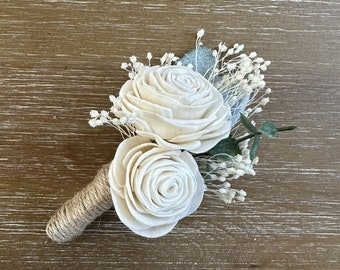 Boutonniere, Wood Flower Boutonniere, Sola Wood Flowers, Wood Flower Bouquet, Grooms Flower, Wedding flowers, Ivory