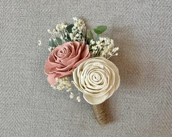 Wood Flower Boutonniere, Wood Sola Flower, Grooms Flower, Wedding flowers, Grooms boutonniere, Ivory and Pink, boutonniere