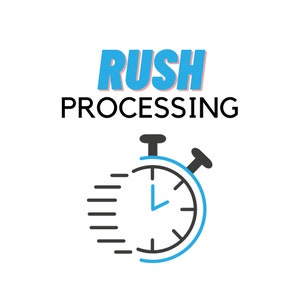 May include: A blue and black stopwatch with a white clock face and a black arrow pointing to the right. The text "RUSH PROCESSING" is above the stopwatch.