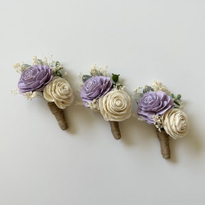 Wood Flower Boutonniere, Wood Sola Flower, Grooms Flower, Wedding flowers, Grooms boutonniere, Ivory and Lilac, boutonniere
