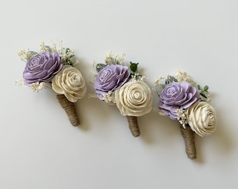 Wood Flower Boutonniere, Wood Sola Flower, Grooms Flower, Wedding flowers, Grooms boutonniere, Ivory and Lilac, boutonniere