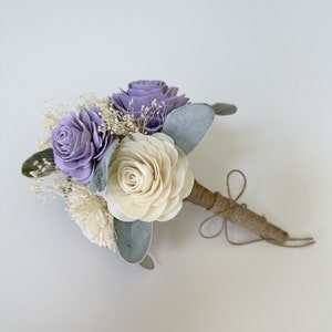 Wood Flower Mini Bouquet, Sola Wood Flowers, Wooden Flower Bouquet, Ivory, Lilac, Keepsake Bouquet, Boutonniere, Sola Wood Groom Boutonniere