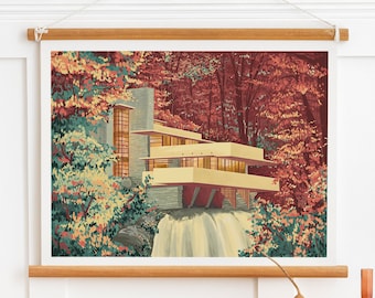 Fallingwater, Fallingwater Print, Fallingwater Architecture Illustration Art Poster, Fallingwater Poster, Travel Poster