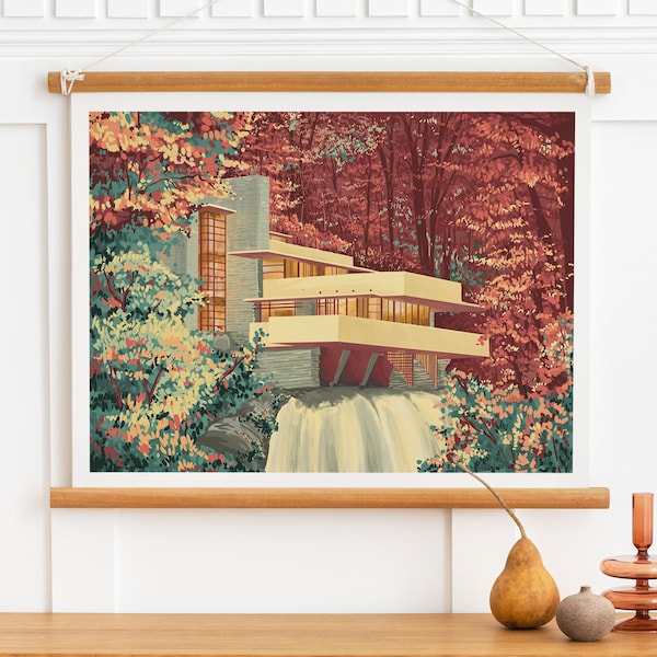 Fallingwater, Fallingwater Print, Fallingwater Architecture Illustration Art Poster, Fallingwater Poster, Travel Poster