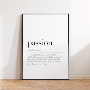 Definizione di passione, stampa artistica da parete con passione, citazione sulla passione, poster motivazionale, stampa con dizionario, decorazione da parete per la casa, arte stampabile