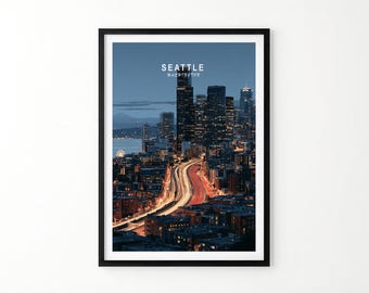 Affiche de Seattle de nuit, impression de la skyline de Washington, décoration du nord-ouest du Pacifique